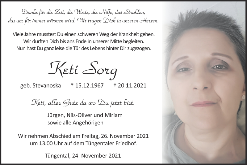  Traueranzeige für Keti Sorg vom 24.11.2021 aus Haller Tagblatt