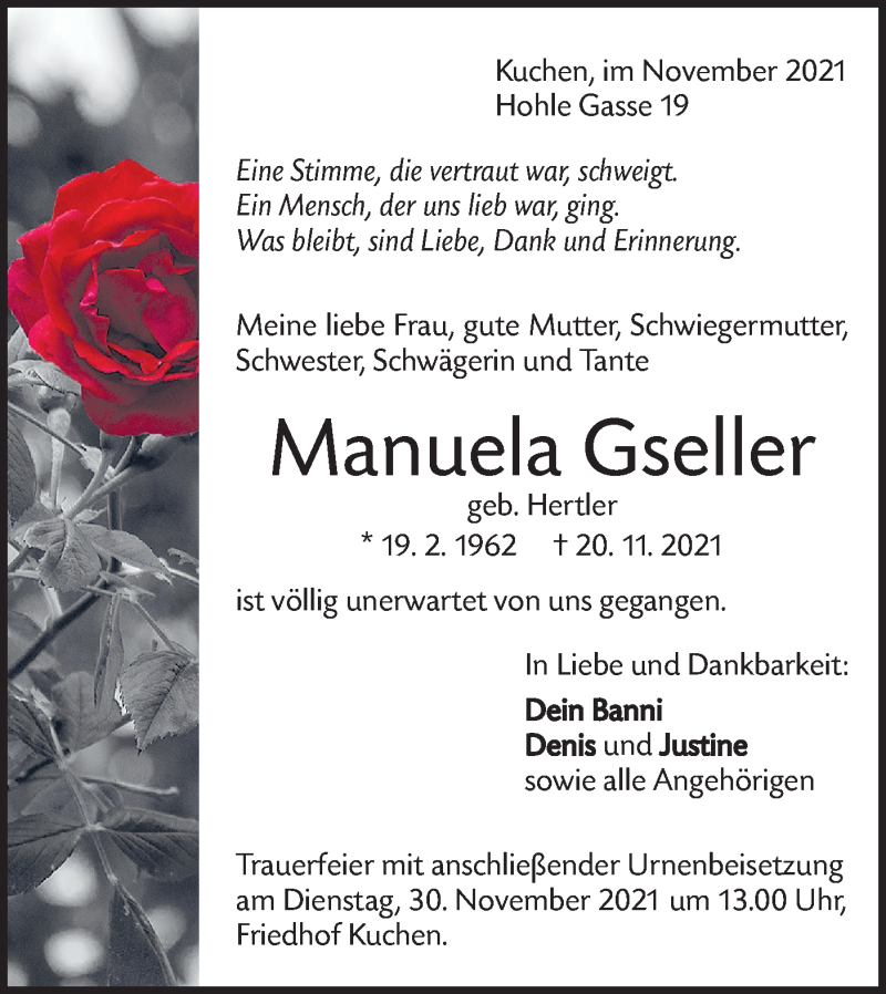  Traueranzeige für Manuela Gseller vom 25.11.2021 aus Geislinger Zeitung