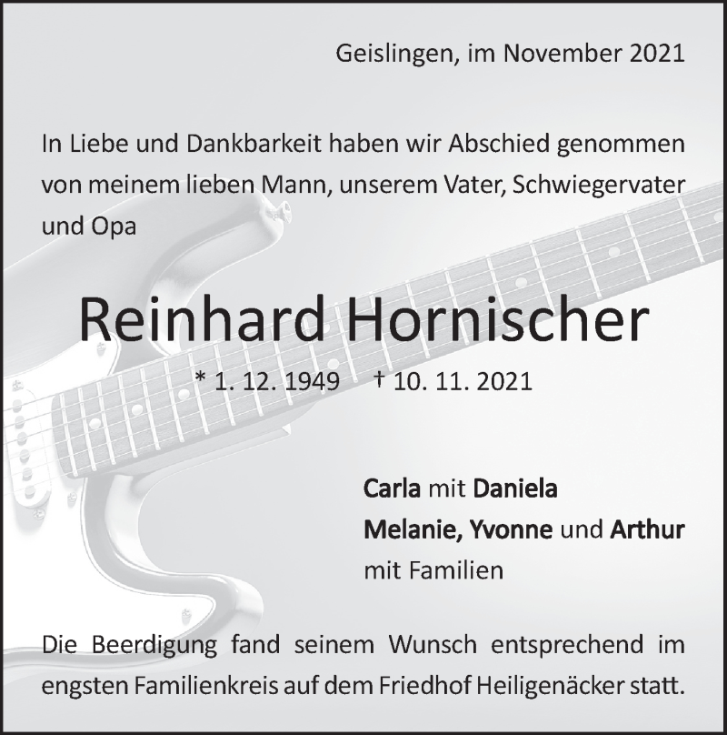  Traueranzeige für Reinhard Hornischer vom 18.11.2021 aus NWZ Neue Württembergische Zeitung/Geislinger Zeitung