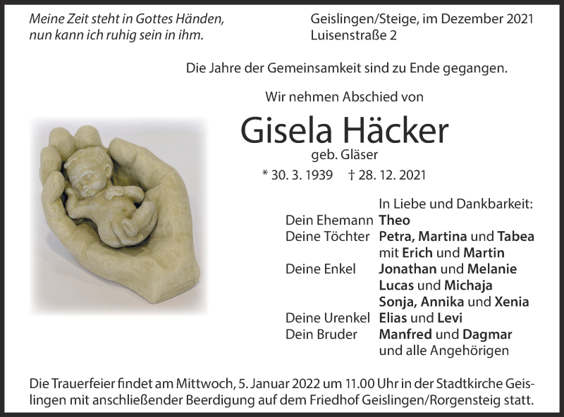  Traueranzeige für Gisela Häcker vom 31.12.2021 aus Geislinger Zeitung