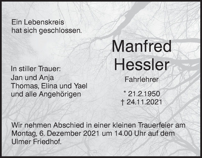  Traueranzeige für Manfred Hessler vom 01.12.2021 aus SÜDWEST PRESSE Ausgabe Ulm/Neu-Ulm