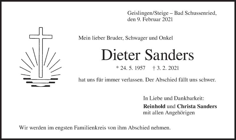  Traueranzeige für Dieter Sanders vom 10.02.2021 aus Geislinger Zeitung