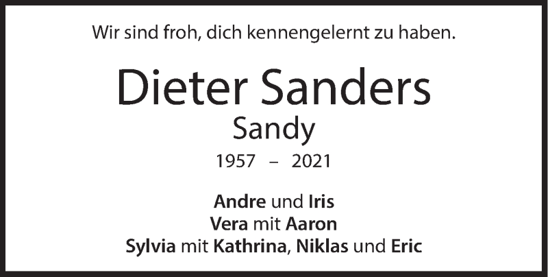  Traueranzeige für Dieter Sanders vom 11.02.2021 aus Geislinger Zeitung