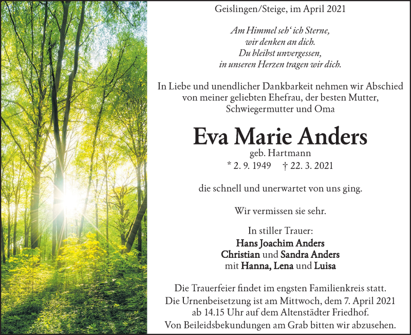  Traueranzeige für Eva Marie Anders vom 01.04.2021 aus Geislinger Zeitung