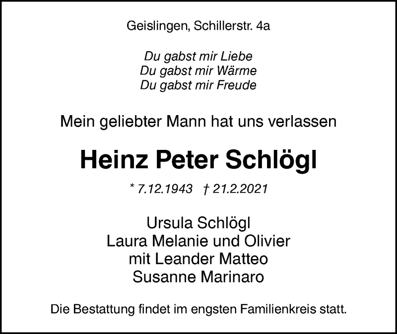  Traueranzeige für Heinz Peter Schlögl vom 03.03.2021 aus NWZ Neue Württembergische Zeitung/Geislinger Zeitung