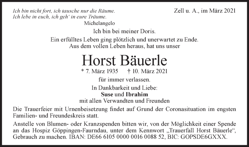  Traueranzeige für Horst Bäuerle vom 23.03.2021 aus NWZ Neue Württembergische Zeitung