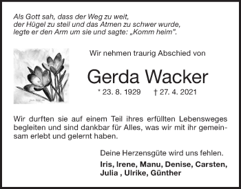 Traueranzeige von Gerda Wacker von NWZ Neue Württembergische Zeitung