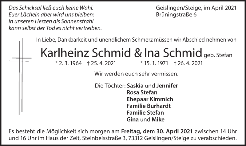  Traueranzeige für Ina Schmid vom 29.04.2021 aus Geislinger Zeitung