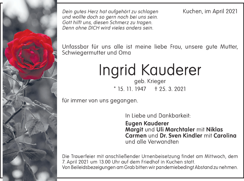  Traueranzeige für Ingrid Kauderer vom 03.04.2021 aus Geislinger Zeitung