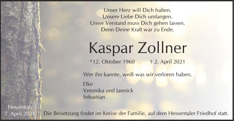  Traueranzeige für Kaspar Zollner vom 07.04.2021 aus Haller Tagblatt