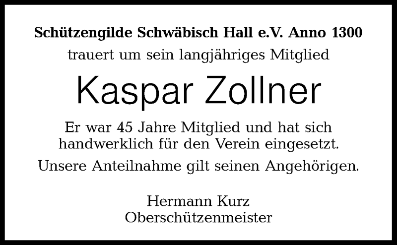  Traueranzeige für Kaspar Zollner vom 08.04.2021 aus Haller Tagblatt