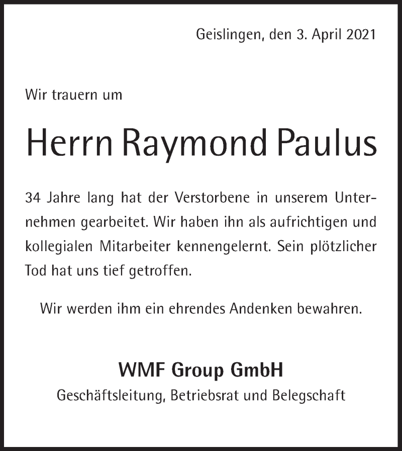  Traueranzeige für Raymond Paulus vom 03.04.2021 aus Geislinger Zeitung