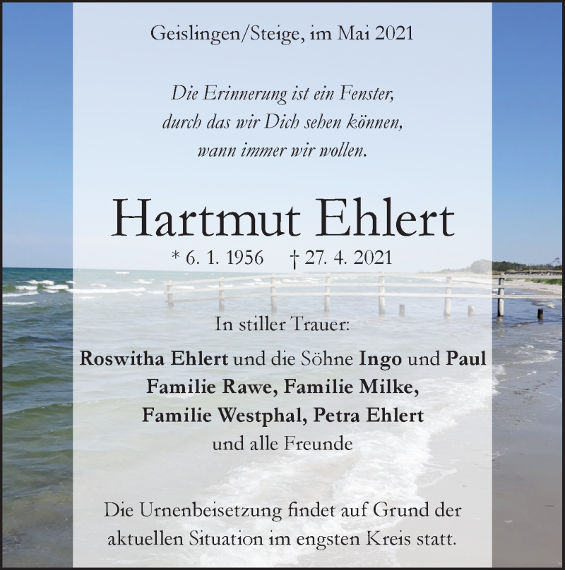  Traueranzeige für Hartmut Ehlert vom 08.05.2021 aus Geislinger Zeitung