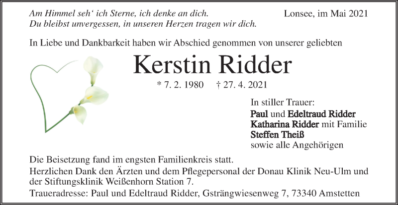  Traueranzeige für Kerstin Ridder vom 08.05.2021 aus SÜDWEST PRESSE Ausgabe Ulm/Neu-Ulm
