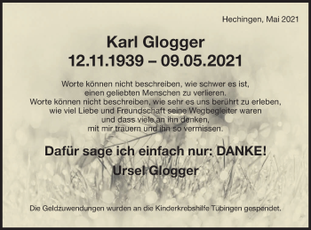 Traueranzeige von Karl Glogger von Metzinger-Uracher Volksblatt