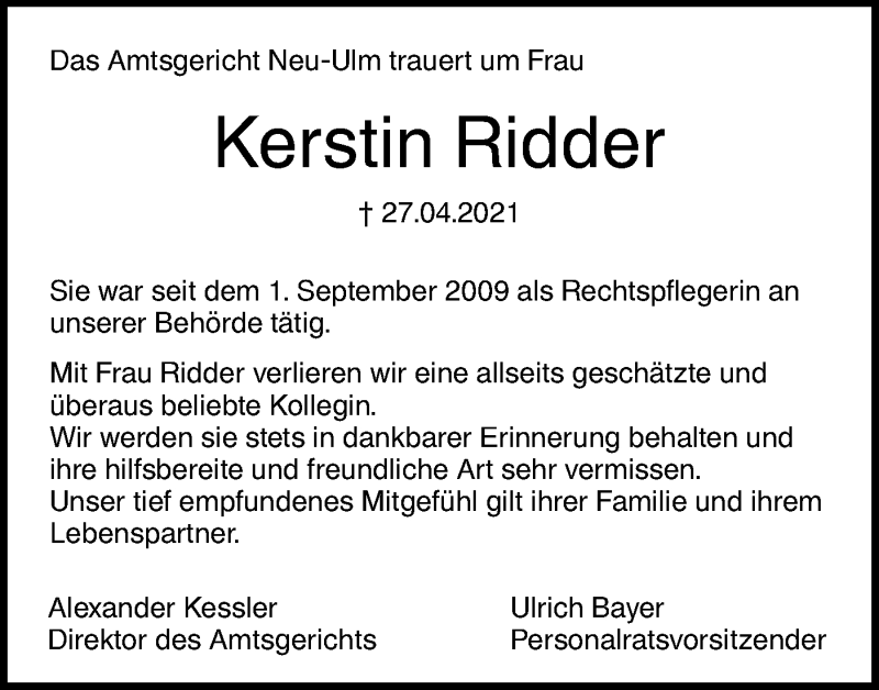  Traueranzeige für Kerstin Ridder vom 11.05.2021 aus SÜDWEST PRESSE Ausgabe Ulm/Neu-Ulm