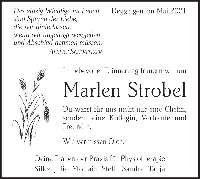 Traueranzeige für Marlen Strobel vom 15.05.2021 aus Geislinger Zeitung