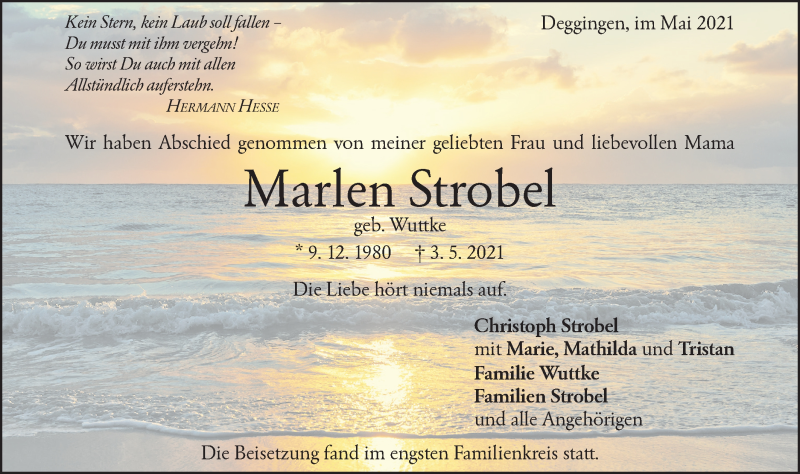  Traueranzeige für Marlen Strobel vom 15.05.2021 aus NWZ Neue Württembergische Zeitung/Geislinger Zeitung
