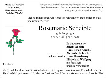 Traueranzeige von Rosemarie Scheible von SÜDWEST PRESSE Ausgabe Ulm/Neu-Ulm
