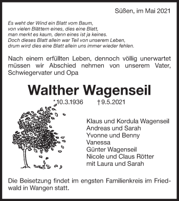 Traueranzeige von Walther Wagenseil von NWZ Neue Württembergische Zeitung