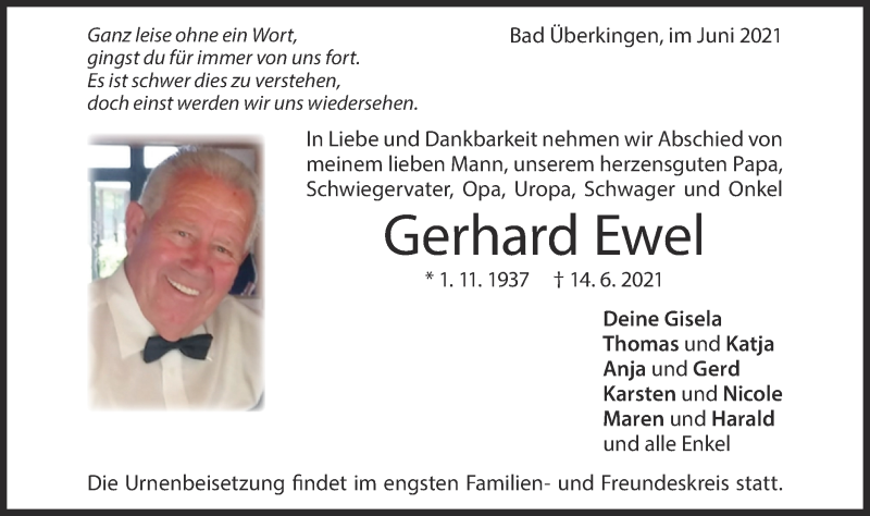  Traueranzeige für Gerhard Ewel vom 19.06.2021 aus Geislinger Zeitung
