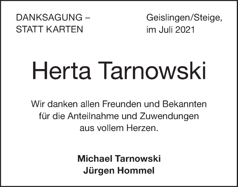  Traueranzeige für Herta Tarnowski vom 24.07.2021 aus Geislinger Zeitung