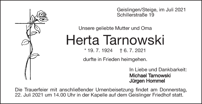  Traueranzeige für Herta Tarnowski vom 17.07.2021 aus Geislinger Zeitung