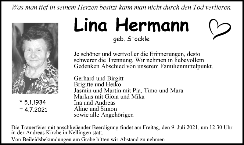  Traueranzeige für Lina Hermann vom 07.07.2021 aus SÜDWEST PRESSE Ausgabe Ulm/Neu-Ulm