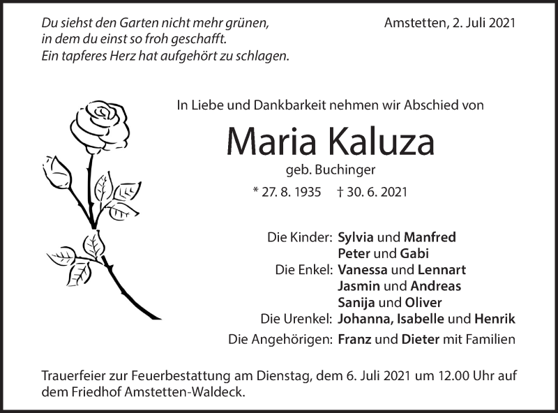  Traueranzeige für Maria Kaluza vom 02.07.2021 aus Geislinger Zeitung