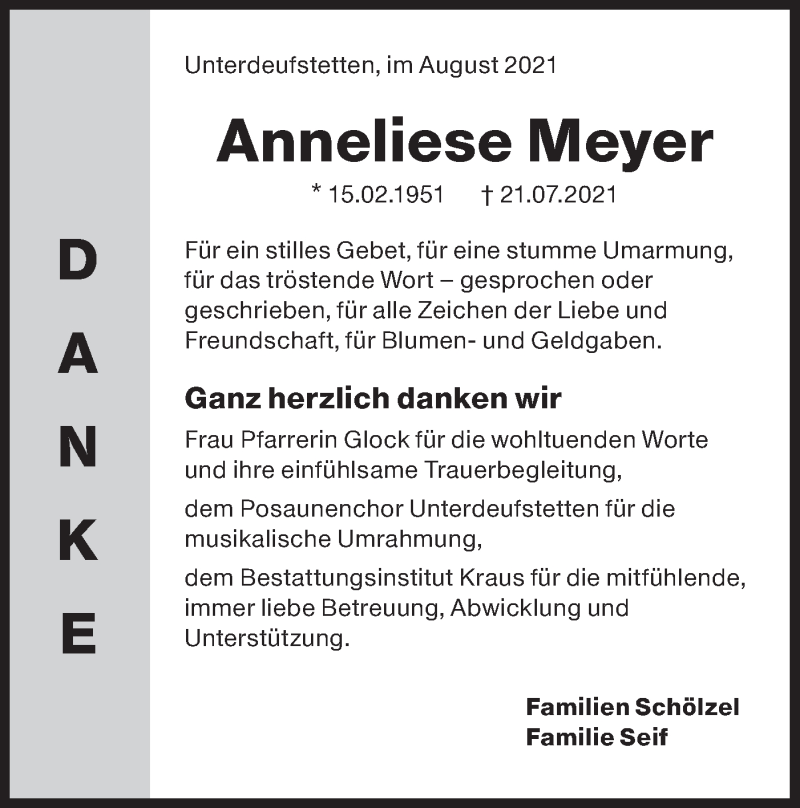  Traueranzeige für Anneliese Meyer vom 11.08.2021 aus Hohenloher Tagblatt