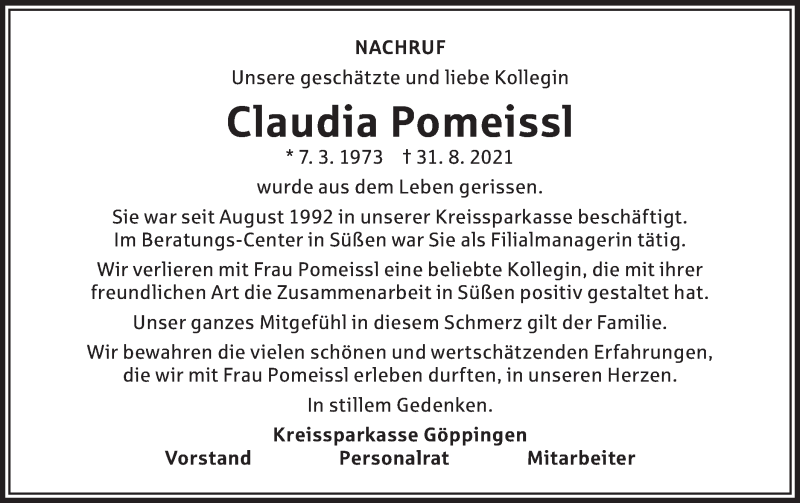  Traueranzeige für Claudia Pomeissl vom 07.09.2021 aus NWZ Neue Württembergische Zeitung/Geislinger Zeitung
