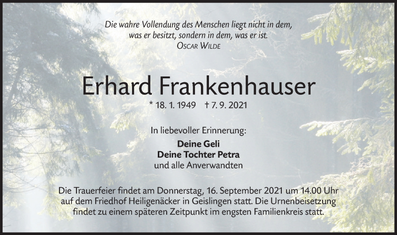  Traueranzeige für Erhard Frankenhauser vom 13.09.2021 aus NWZ Neue Württembergische Zeitung/Geislinger Zeitung