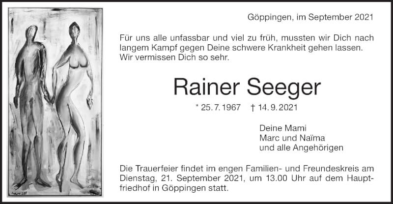  Traueranzeige für Rainer Seeger vom 18.09.2021 aus NWZ Neue Württembergische Zeitung