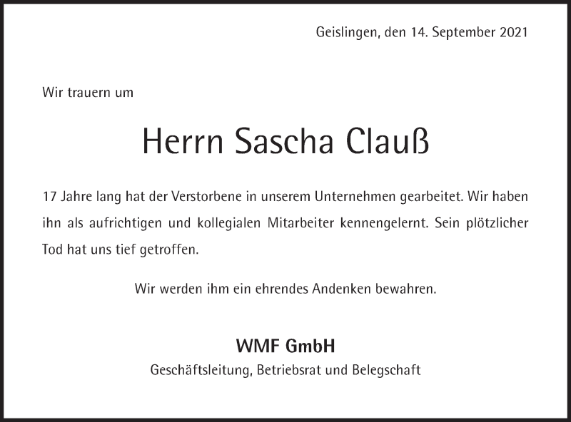  Traueranzeige für Sascha Clauß vom 15.09.2021 aus Geislinger Zeitung