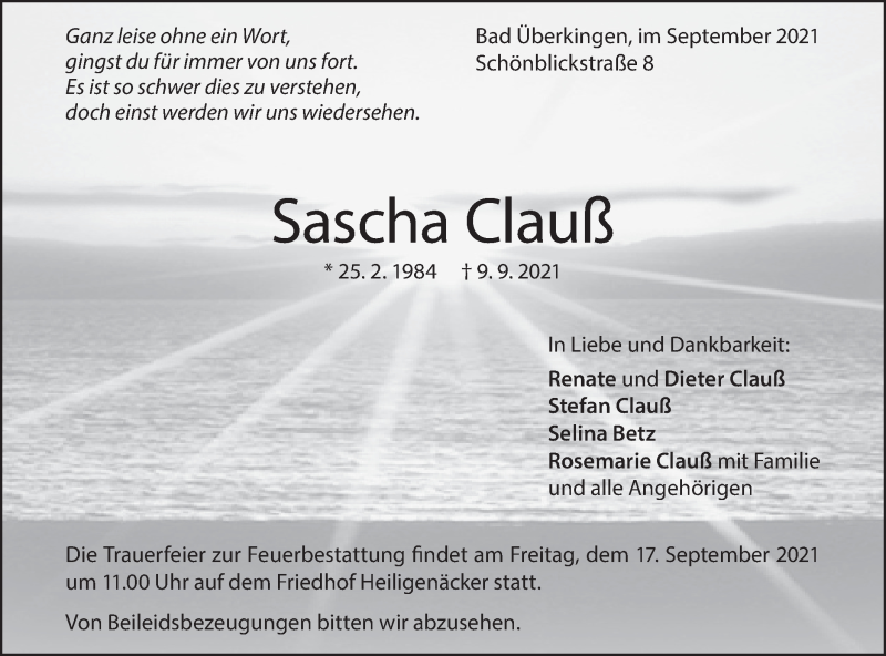  Traueranzeige für Sascha Clauß vom 14.09.2021 aus Geislinger Zeitung