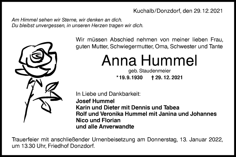  Traueranzeige für Anna Hummel vom 10.01.2022 aus NWZ Neue Württembergische Zeitung/Geislinger Zeitung