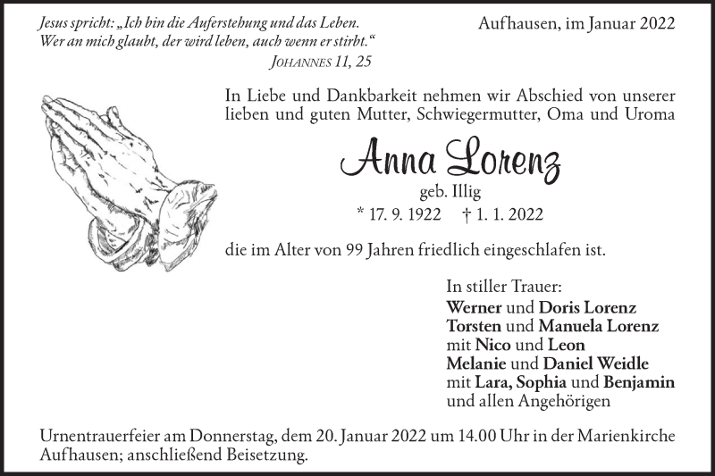  Traueranzeige für Anna Lorenz vom 15.01.2022 aus Geislinger Zeitung