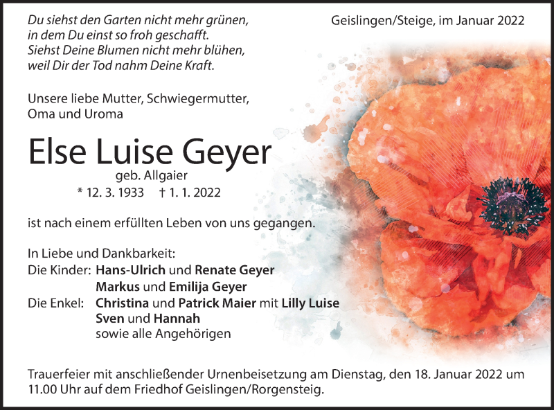  Traueranzeige für Else Luise Geyer vom 13.01.2022 aus Geislinger Zeitung