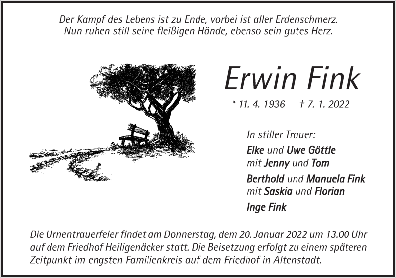  Traueranzeige für Erwin Fink vom 15.01.2022 aus Geislinger Zeitung