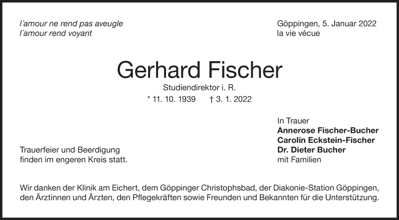  Traueranzeige für Gerhard Fischer vom 05.01.2022 aus NWZ Neue Württembergische Zeitung/Geislinger Zeitung