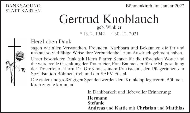  Traueranzeige für Gertrud Knoblauch vom 22.01.2022 aus NWZ Neue Württembergische Zeitung/Geislinger Zeitung
