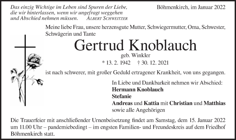  Traueranzeige für Gertrud Knoblauch vom 08.01.2022 aus Geislinger Zeitung