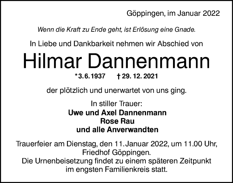  Traueranzeige für Hilmar Dannenmann vom 07.01.2022 aus NWZ Neue Württembergische Zeitung
