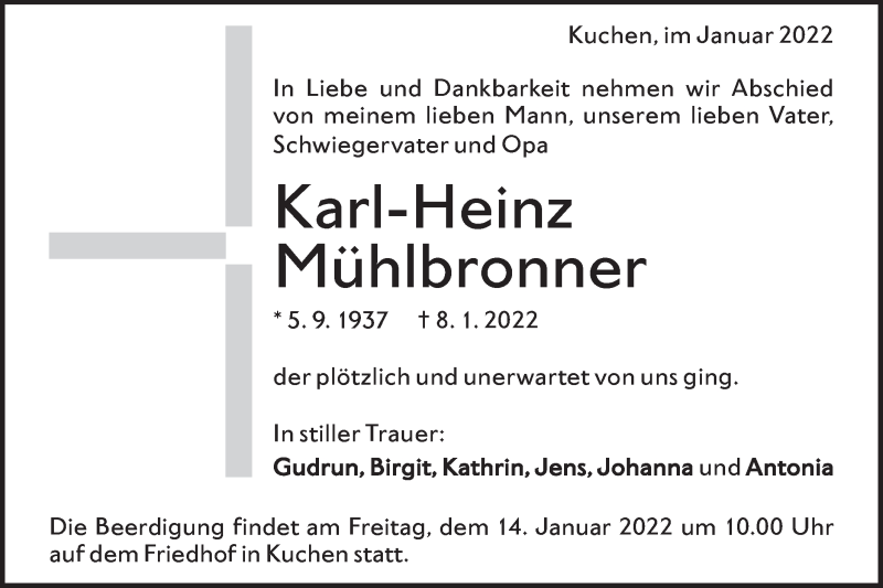  Traueranzeige für Karl-Heinz Mühlbronner vom 12.01.2022 aus Geislinger Zeitung