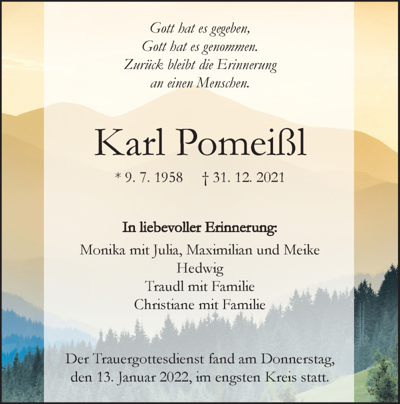  Traueranzeige für Karl Pomeißl vom 15.01.2022 aus NWZ Neue Württembergische Zeitung/Geislinger Zeitung