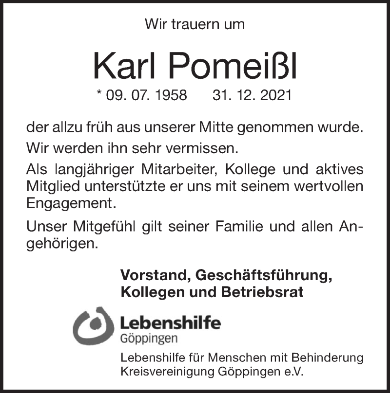  Traueranzeige für Karl Pomeißl vom 15.01.2022 aus Geislinger Zeitung