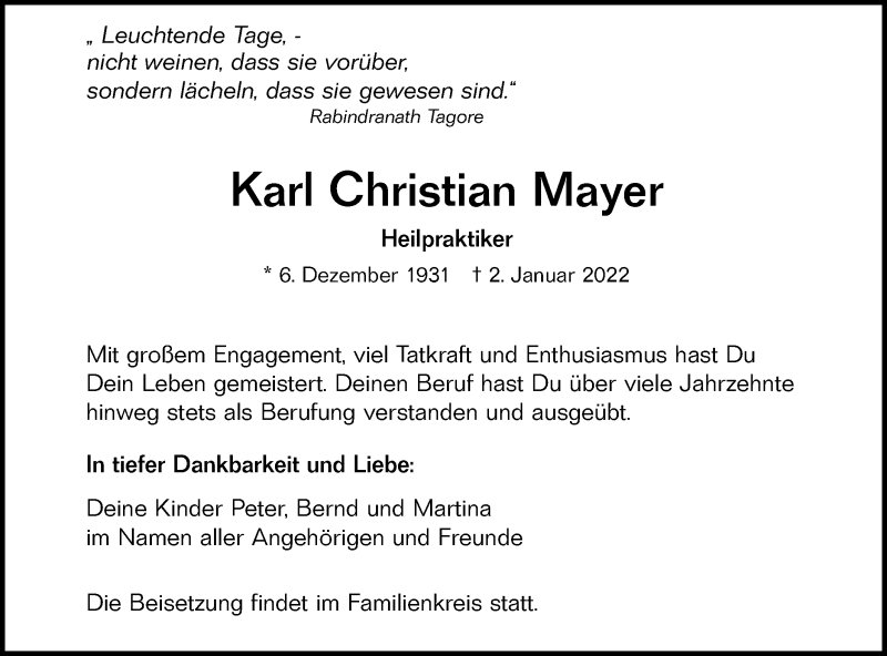  Traueranzeige für Karl Christian Mayer vom 15.01.2022 aus SÜDWEST PRESSE Ausgabe Ulm/Neu-Ulm