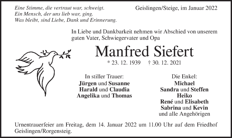  Traueranzeige für Manfred Siefert vom 10.01.2022 aus Geislinger Zeitung