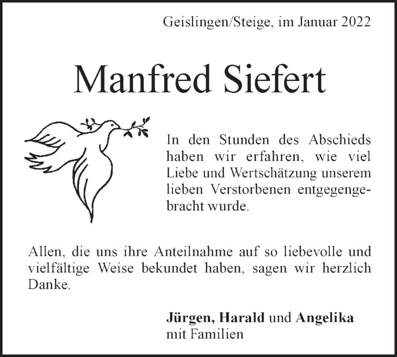  Traueranzeige für Manfred Siefert vom 22.01.2022 aus Geislinger Zeitung