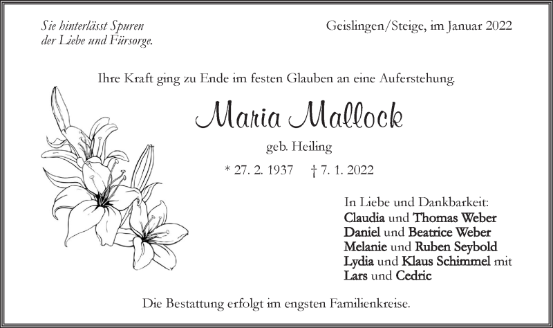  Traueranzeige für Maria Mallock vom 13.01.2022 aus Geislinger Zeitung